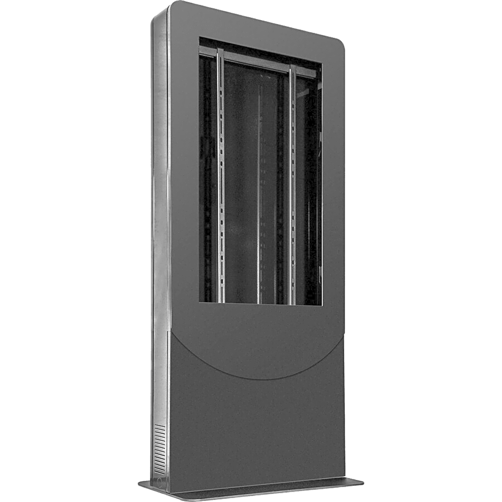 Kiosko tipo Vertical color negro para Pantallas 55" / Construcción Totalmente en Acero / Base Plana / 6 Tomas Eléctricas con Supresor de Picos / Ventilación Termostática / Capacidad de Carga 125-150 lb (56-68 kg)