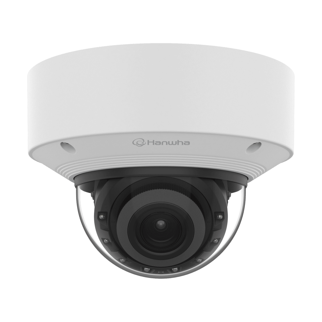 Cámara Domo Vandalismo AI 5MP / IR 50 m (164 ft) / Lente Motorizado 3.3-9.3 mm 2.8x / Doble NPU / Análisis Inteligente IA / IP67 IK10 NEMA4X / Wisenet 9