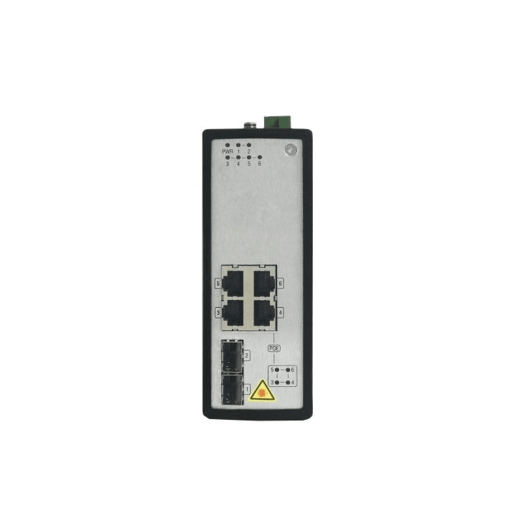 Switch Industrial No Gestionado PoE Gigabit / 4 Puertos RJ45 + 2 Puertos SFP Fibra / 120W PoE Budget / 30W por Puerto / -40°C a 75°C / Metal IP30 / Dual Power Input