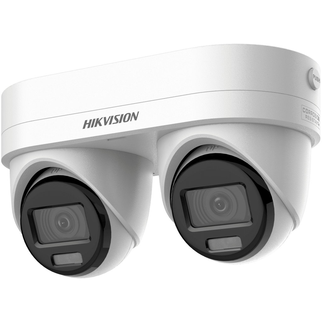 PanoVu Series / Lente Dual de 4 Megapixel / 2 Lentes Fijos de 2.8 mm / Recomendado para Pasillos o Esquinas / IP67 / IK10 / PoE / WDR 120 dB / 10 mts IR / Entrada y Salida de Audio y Alarma / MicroSD