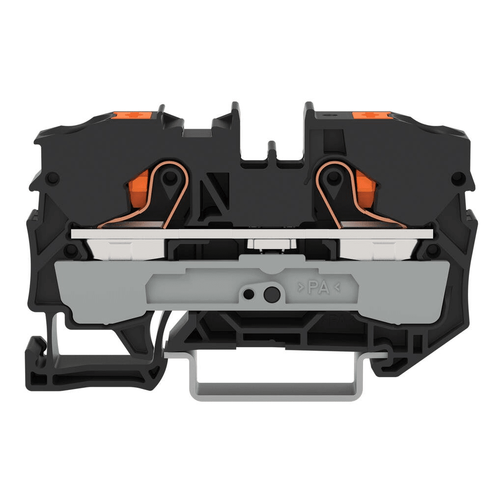 Borna de Paso Serie 2210 / Push-in CAGE CLAMP® / 2 Conductores 10 mm² / Tecla Naranja / Carril DIN 35x15 y 35x7.5 / Ex eb IIC Gb ATEX / 57A 800V / IP20 / Poliamida V0