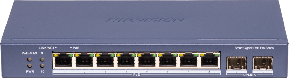 Switch PoE+ / Administrable / Uso en Rack / 8 Puertos 10/100 PoE+ /  2 Puertos 1000 Mbps Uplink  / 2 Puertos SFP / Configuración Nube desde Hik-PartnerPro / Modo Extendido hasta 300 Metros / 125 W