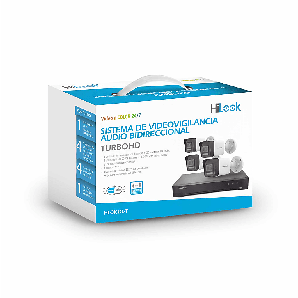 [Dual Light] Kit TurboHD 3K (5 Megapixel Lite) / DVR 4 Canales / 4 Cámaras bala Dual Light / Audio bidireccional / Accesorios de Interconexión / Fuente de Poder