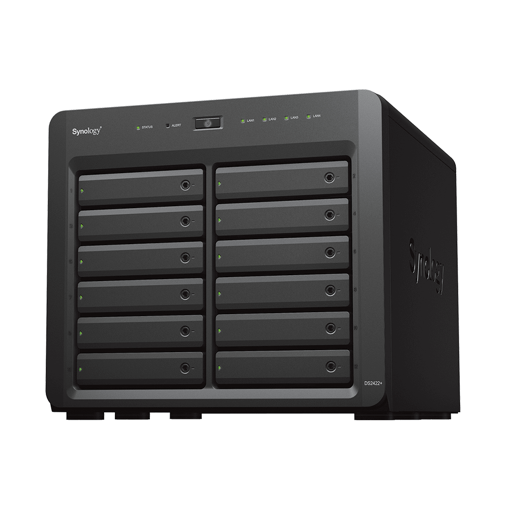 NAS Synology DiskStation DS2422+ | 12 Bahías | Expandible a 24 Bahías | Procesador AMD Ryzen Quad-Core | Hasta 32 GB DDR4 ECC | Caché NVMe SSD | Redes 10/25GbE | Compatible con Virtualización y Vigilancia.