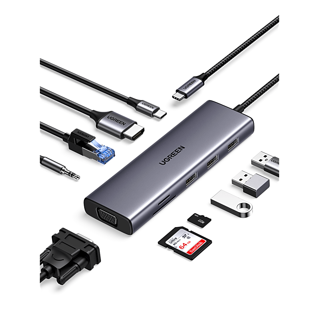 Hub USB-C 10 en 1 / HDMI 4K@30Hz + VGA 1920x1200 / 3x USB 3.0 5Gbps / Ethernet Gigabit / SD/TF Card Reader / PD 100W / Audio 3.5mm / Doble Pantalla Simultánea / Plug & Play Universal
