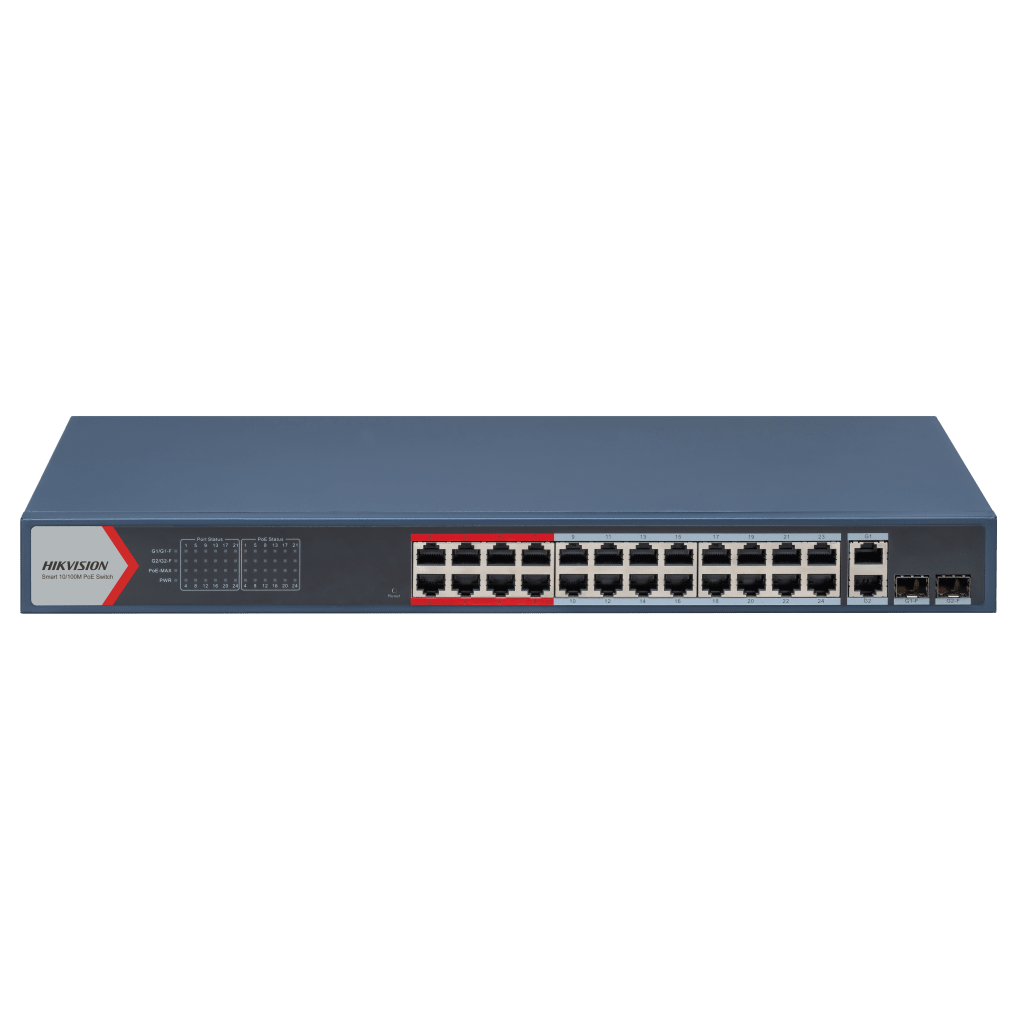 Switch PoE+ / Monitoreable / 24 Puertos 100 Mbps PoE+ / 2 Puertos 1000 Mbps + 2 Puertos SFP de Uplink (COMBO) / Configuración Nube Hik-Partner Pro / Modo Extendido hasta 300 Metros / 370 Watts