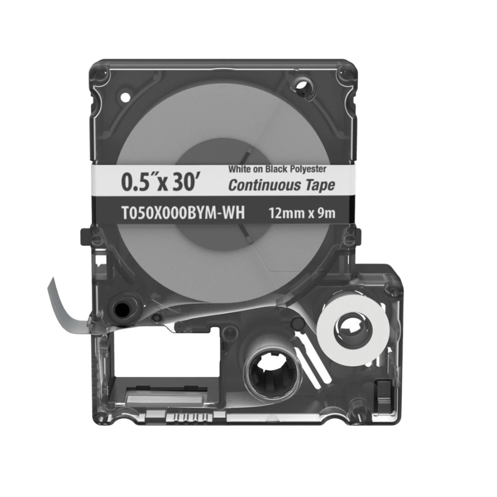 Casete de Etiquetas de Poli?ster de Cinta Continua, Color Blanco Sobre Negro, 11.8 mm (0.47 Pulgadas) de Ancho x 9 Metros (29.5 Pies) de Largo