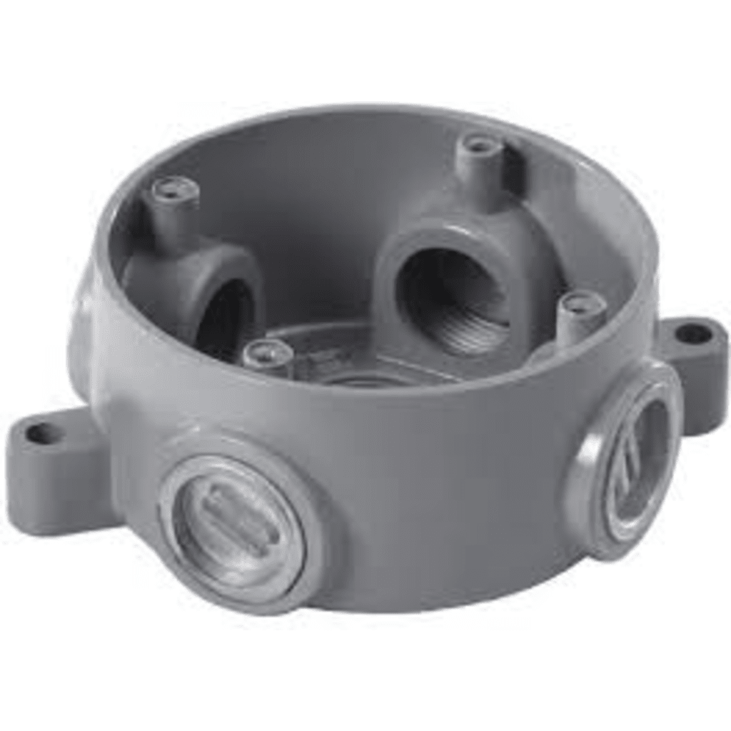 Caja Redonda Estándar sin Tapa a Prueba de Intemperie 102(4) de 3/4" (19 mm) / Con 5 salidas.