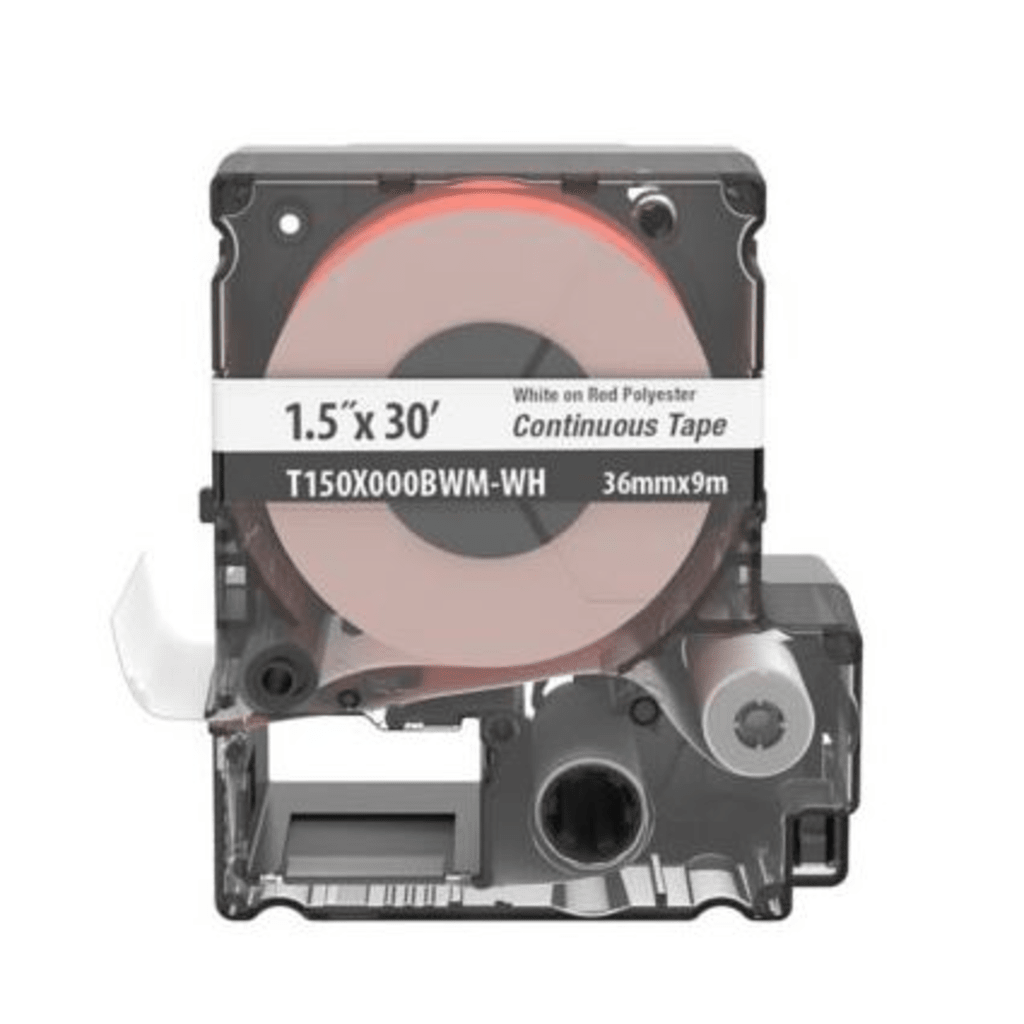 Casete de Etiquetas de Poliéster de Cinta Continua, Color Blanco Sobre Rojo, Uso Interior/Exterior, 35.8 mm de Ancho x 9 Metros de Largo (29.53 pies)