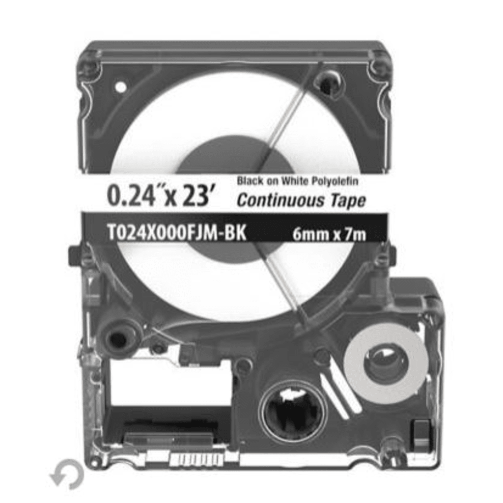 Casete de Etiquetas de Poliolefina de Cinta Continua, Color Negro Sobre Blanco, Uso Interior/Exterior, 5.82 mm de Ancho x 7 Metros (22.97 Pies) de Largo