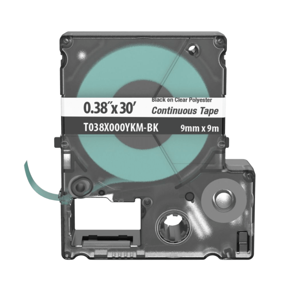 Casete de Etiquetas de Poli?ster de Cinta Continua, Color Negro Sobre Transparente, Uso Interior/Exterior, 9 mm de Ancho x 9.1 Metros (29.86 Pies) de Largo