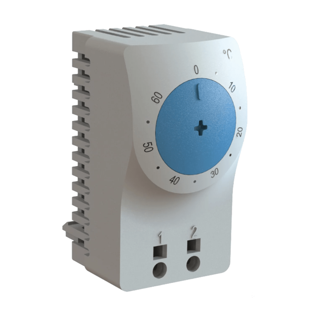 Termostato/Interruptor Para Control de Temperatura en Grados Celsius, Para Uso con Ventiladores, Con Terminales de Conexión, y Clip para Riel Din de 35 mm, Color Gris Claro