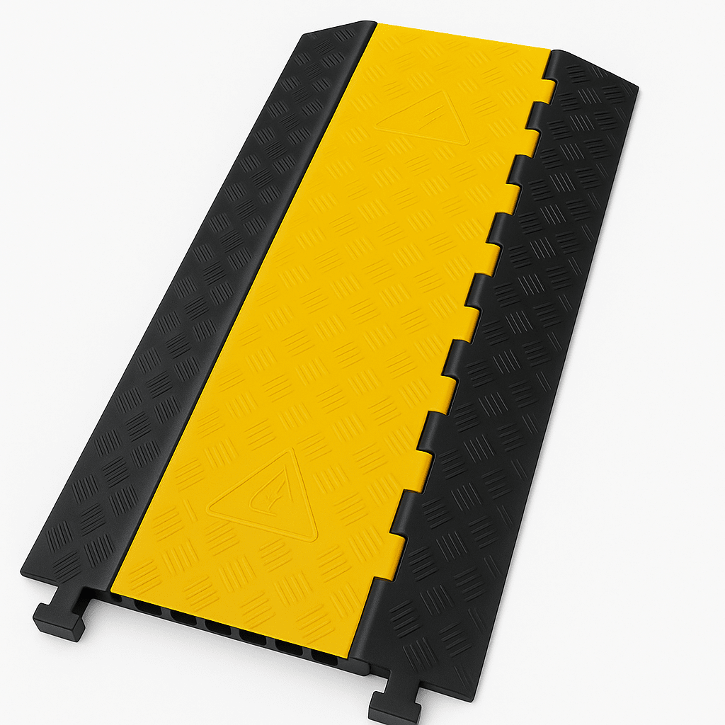 Protector de Cable de 3 Canales / Base de Goma y Tapa de Plástico / Tamaño del Canal 56x55MM / Capacidad de Carga 6.1 Toneladas / Longitud 90 cm / Ancho del Contorno 50 cm / Altura 7.5 cm / Color Amarillo-Negro / Material Hule